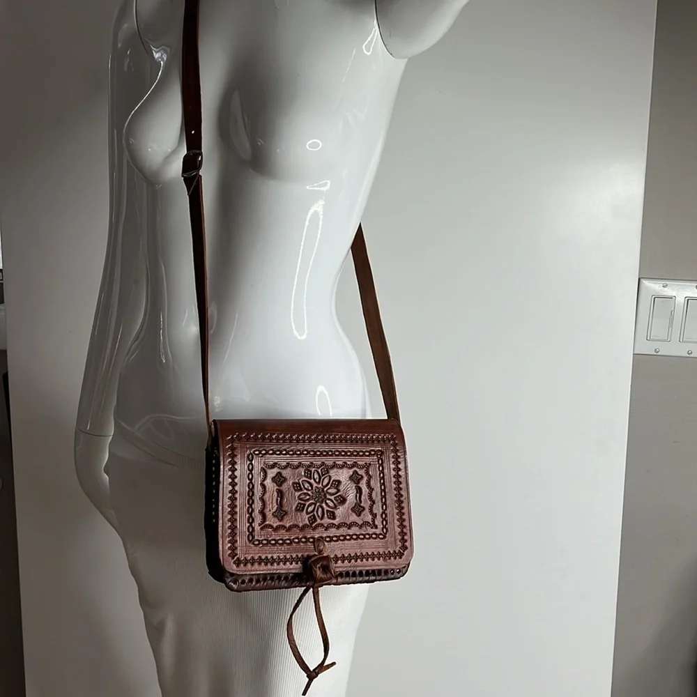 Morocco Sahara Bohemian Hand Tooled Leather Double Compartment Crossbody Bag